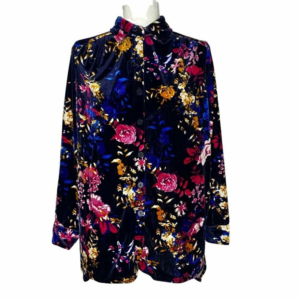 Jessica London High Low Velvet Black Floral Blouse Collared Button Up Size 12 - Picture 6 of 7